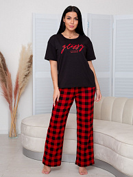  Женская пижама П-60 (К) / Черный + красный (клетка)